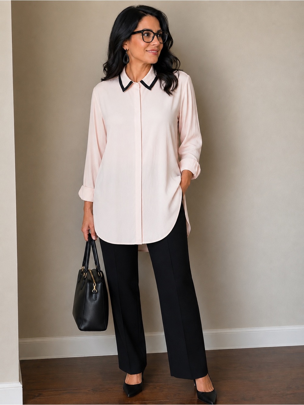 XXL Tall Women’s Old Navy Light Pink Button-Down Shirt with Black Trim Collar